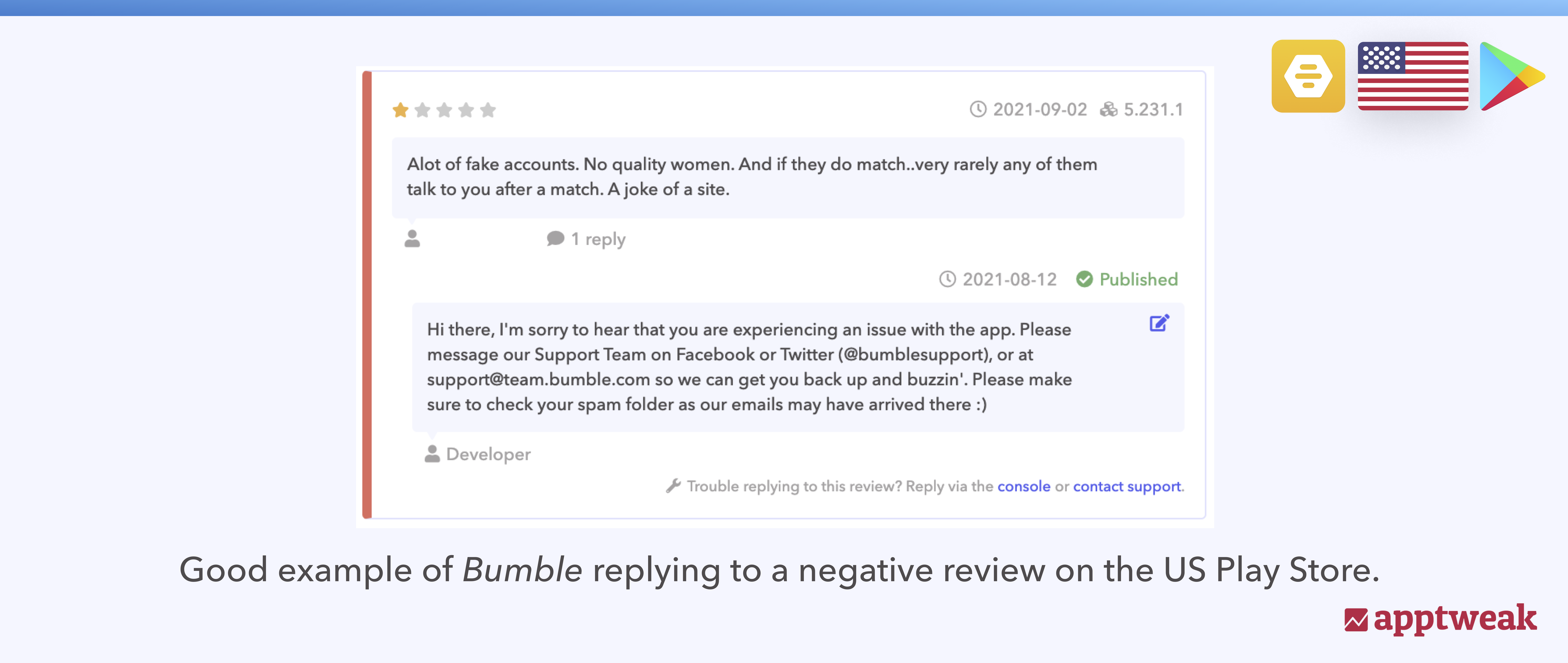 Good example of Bumble replying to a negative review